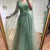 TaoYao Mint Green Luxury Tulle Prom Dresses V Neck Shiny Beads Sequined Women Formal Occasion Party Dress