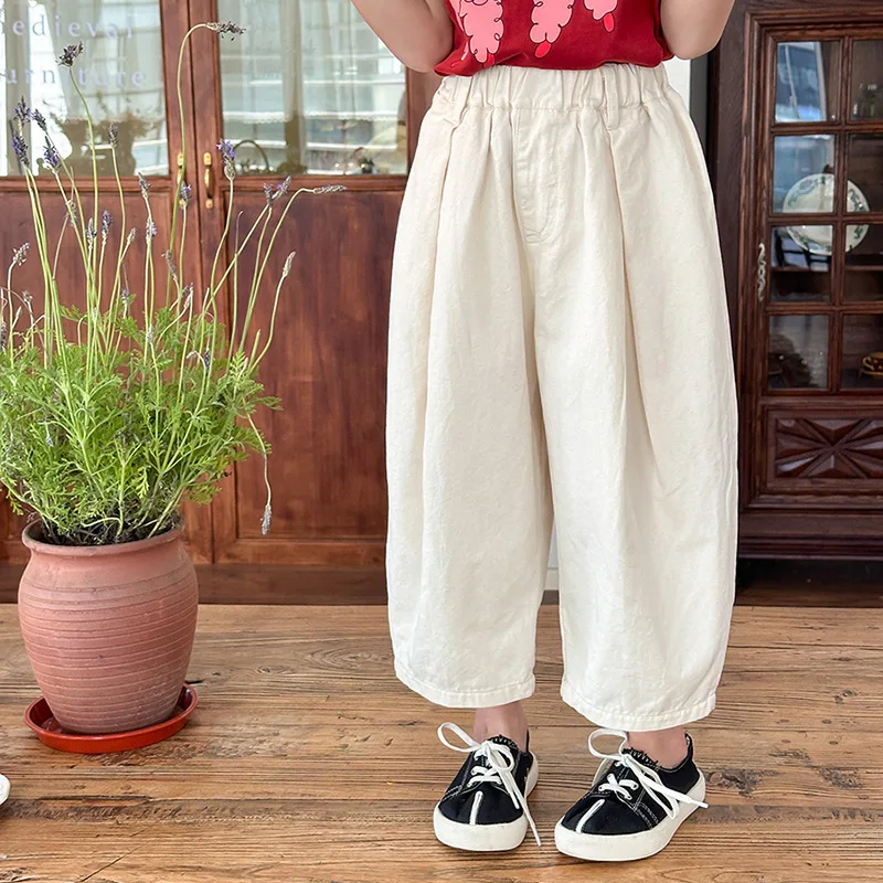 Children Clothing Kids Casual Pants 2024 Summer Boys and Girls Loose Cotton Slim Straight Leg Solid Color Simple Pants