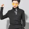 [EAM] Women Black High Elastic Letter Slim Casual T-shirt New Turtleneck Long Sleeve Fashion Tide Spring Autumn 2024