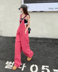 SM jeans womens 2022 Summer Preppy Style loose Girls Pink wide leg trousers jumpsuit korean casual denim overalls womens (78891 - Image 6