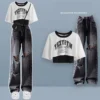 Spring/Summer Sweet Cool Set for Female Students Korean Fashion T-shirt Personalized Ripped Jeans Two-piece Set - Image 5