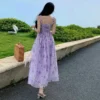 Women Rose Flower Backless Midi Party Dress 2023 Korean Fashional Light Purple Chiffon Casual Summer Elegant Vacation Dress - Image 5