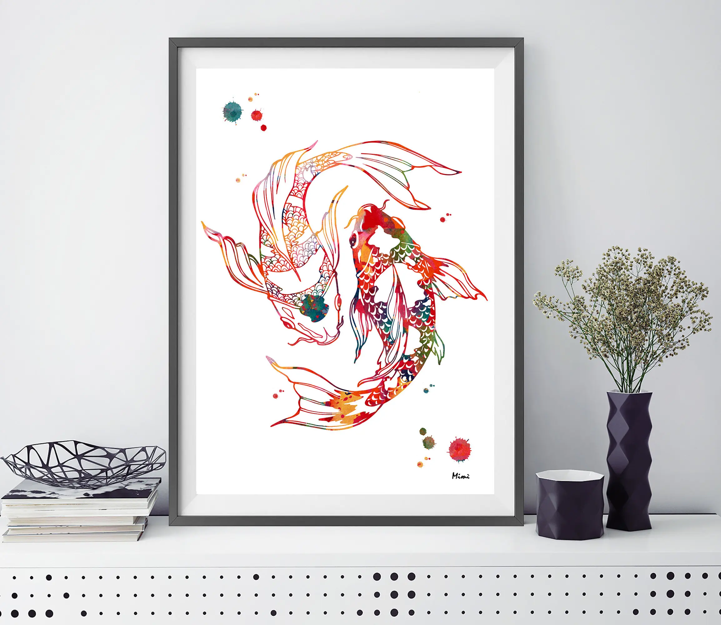 Modern Koi Fish Chinese Carp Fish Watercolor Canvas Print Painting Poster Wall Art Picture for Living Room Bedroom Frameless