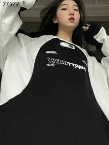 Y2K Women Vintage Sweatshirt Korean Streetwear Loose Long-sleeved Stitching Tops Unisex Hoodies Harajuku Pullover Clothes - Image 2
