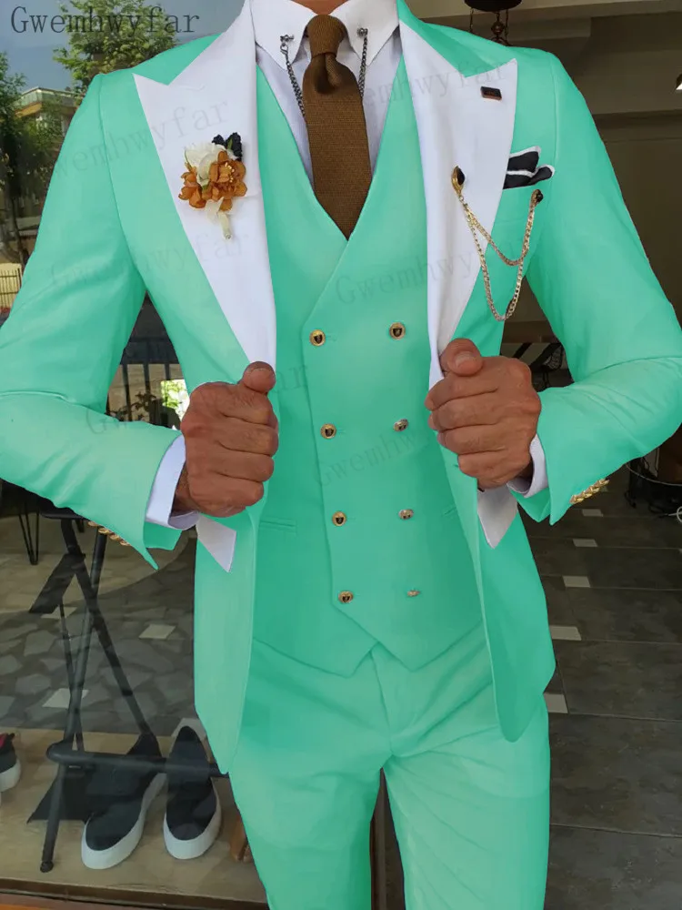 Gwenhwyfar Mint Green Groom Male Wedding Prom Suit Slim Fit Tuxedo Mens Formal Business Work Wear Suits 3Pcs (Jacket Pants Vest)
