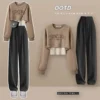 Women's Fashion Tracksuit Korean Elegant Spring Autumn Loose Short Sweater Matching Sets Female Fake Two-piece Blouse Pants Suit - Image 2