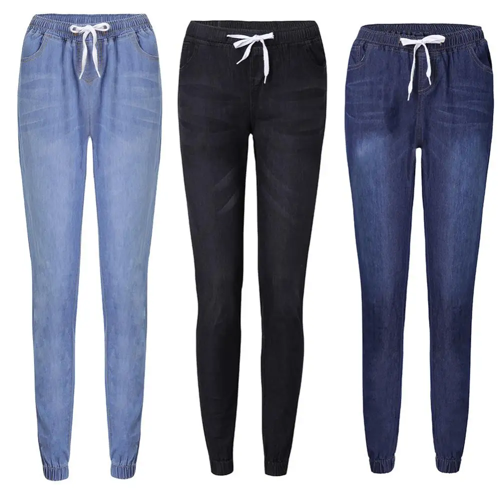 3 Color Women Mid-Rise Skinny Thin Lantern Small Feet Jeans Jeans Drawstring Elastic Waist Women Casual Commuter Plus Size Jeans