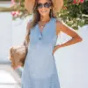 Cotton Denim V-Neck Mini Dress For Women Casual Sleeveless A-line Dress 2023 Summer Female Sundress