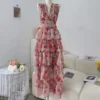 Summer Fashion Pink Floral Print Beach Chic Ruffles Cake Maxi Dress Women Sexy V Neck Hanging Neck Sleeveless Party Dress Robes - Image 3