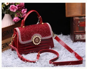 Fashion Diamonds Women Handbags 2023 Red Genuine Leather Lady Shoulder Messenger Bag Crocodile Pattern Portable Shell Tote Bags - Image 2