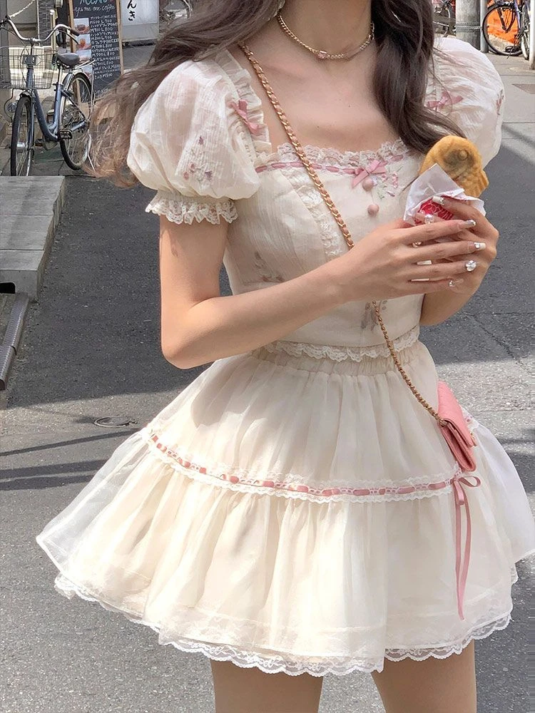 Sweet Pure Color French Vintage 2 Piece Dress Set Female Y2k Crop Tops Casual Mini Skrits 2023 Summer Korean Fashion Suits