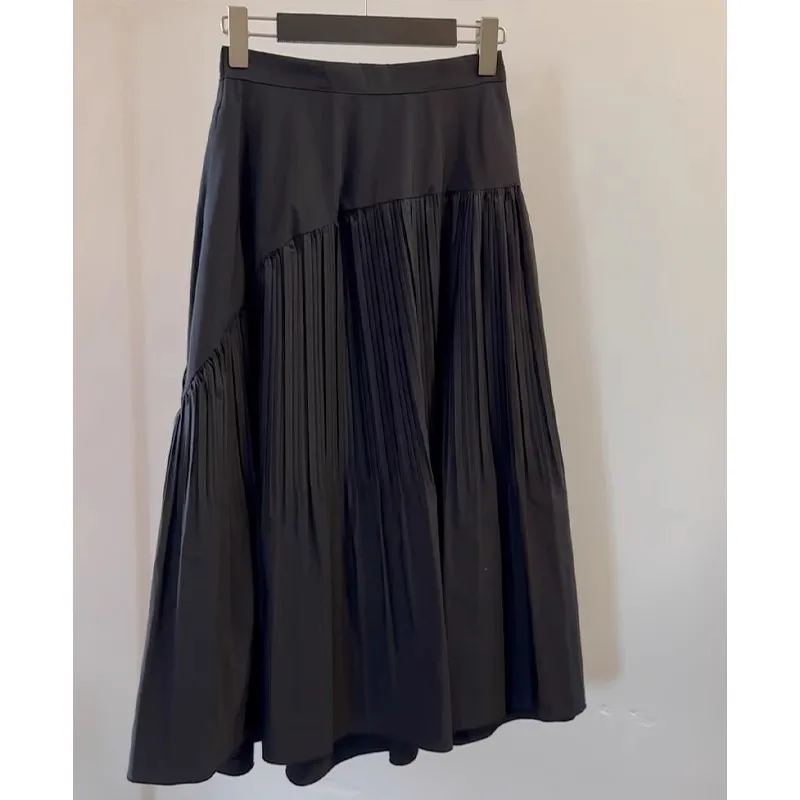 2024 New Black Spliced Fashion All-match Pleated Mid-Length Skirt Women Retro VersatileSense of design High waisted Skirt Women