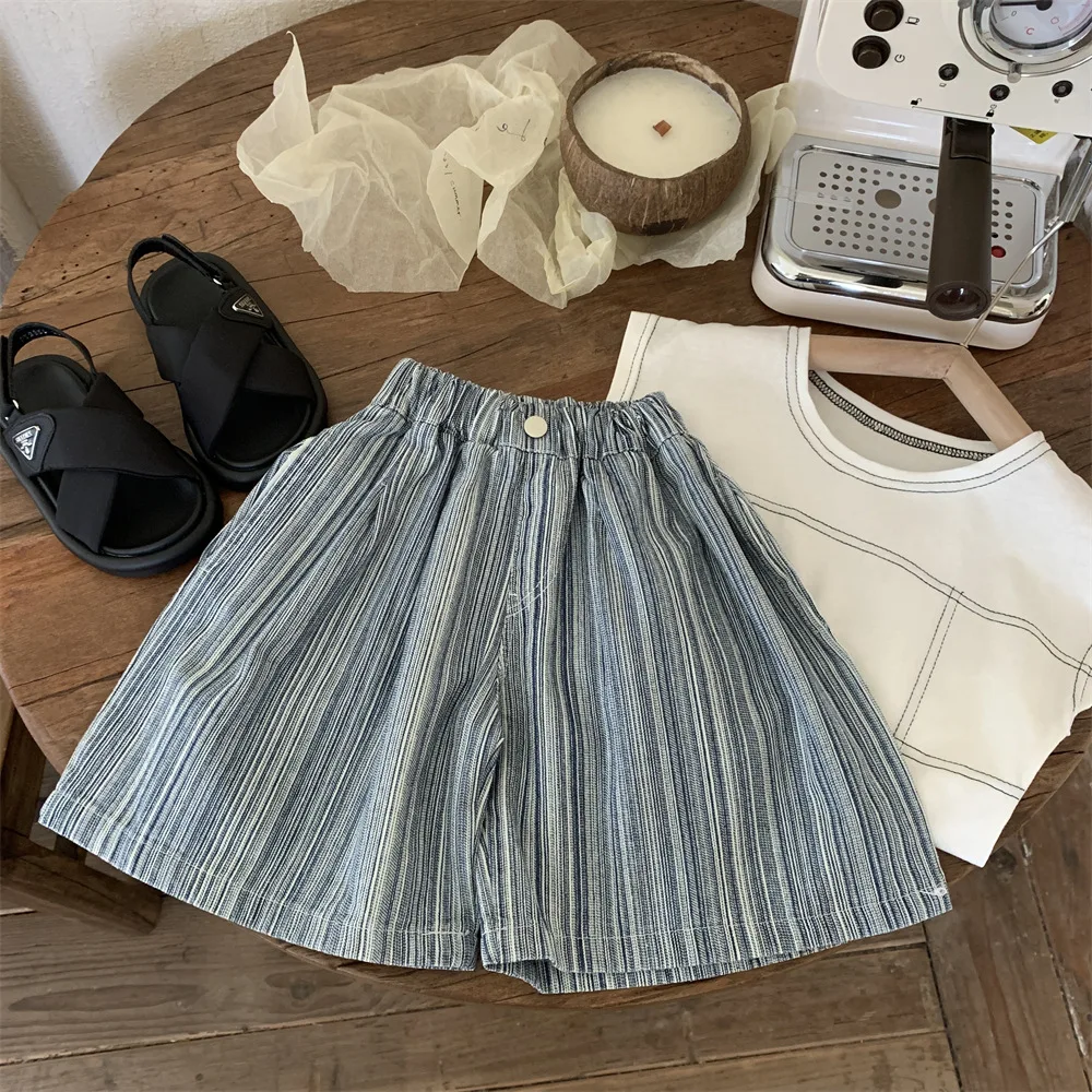 Children Clothing Kids Denim Striped Pants Boys Shorts Baby 2023 Summer Thin New Fashionable Wide Leg Casual Simple Kids Pants