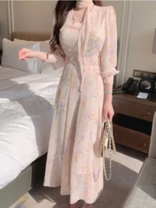 Jielur Long Sleeve One Piece Dress Female Korean Fashion Spring Elegant V-Neck Midi Dress Vintage Floral Chiffon Dresses Women - Image 3