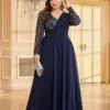 XUIBOL Plus Size Luxury Chiffon Long Sleeve Evening Dresses Women Sequin Blue Wedding Party Cocktail Prom Floor Lenght Gowns