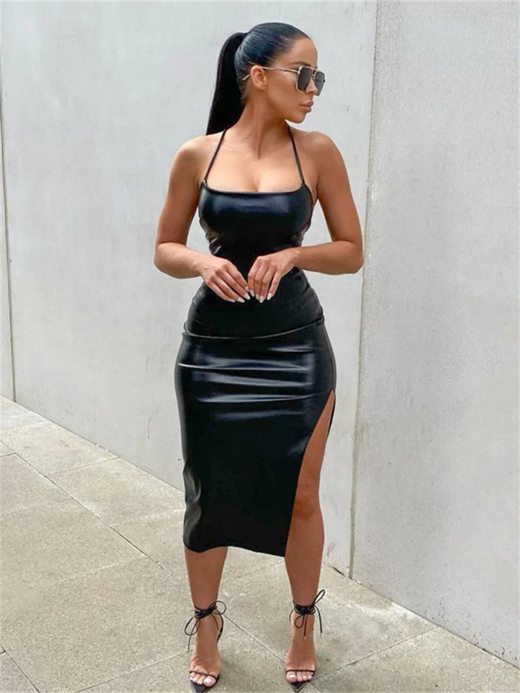 hirigin PU Leather Black Party Sexy Dresses For Women 2023 Halter Backless Bandage Bodycon Dress Ladies Club Slit Midi Dress
