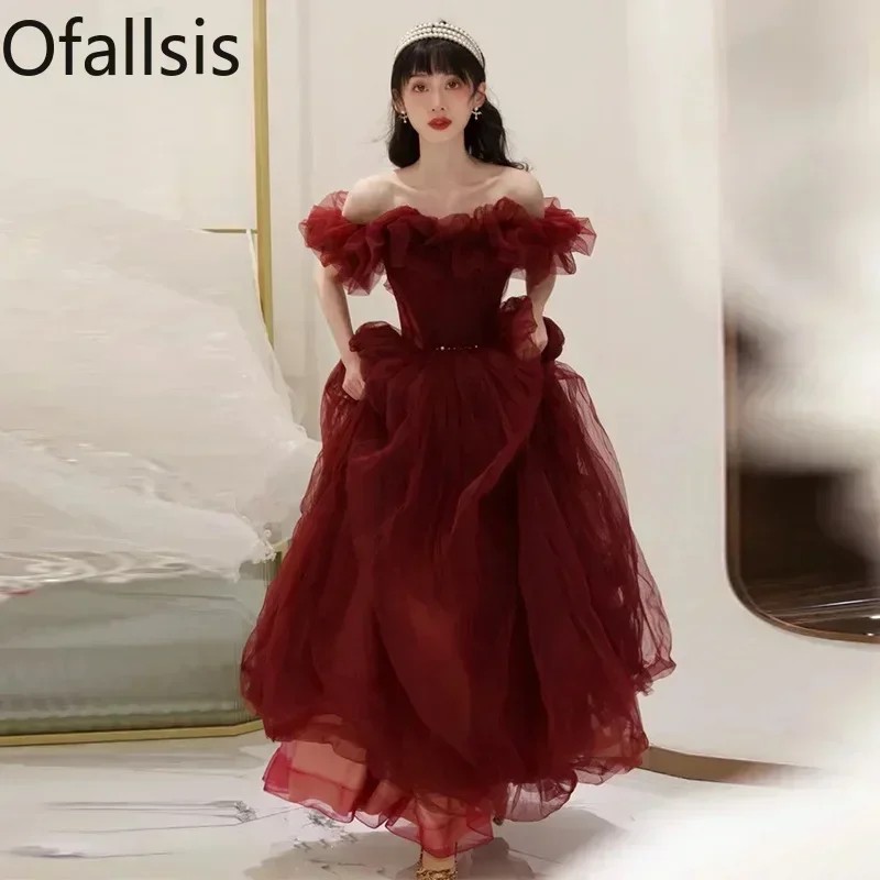 Ofallsis Off The Shoulder Wine Red Cocktail Party Dress Bride 2024 Aummer French Puffy Adult Host Performance Evening Dresses