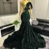 Dark Green Velvet Sequin Off The Shoulder Golden Rhinestone Prom Dresses 2024 Black Women Diamonds Mermaid Prom Gala Dress