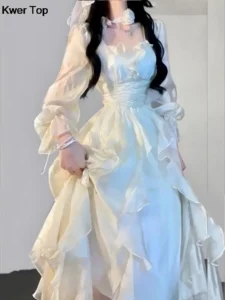 Elegant Solid Ruffles Fairy Dresses Korean Fashion Slim Wasit A Line Midi Dress Spring Summer Women Princess Party Vestidos - Image 6