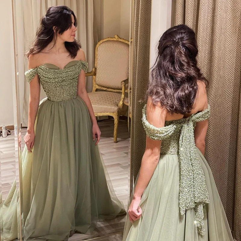 Sharon Said Elegant Off Shoulder Sage Evening Dresses for Women Wedding Guest Luxury Beaded Arabic Long Formal Party Gown