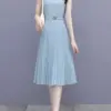 Summer Tank Pleated Party Dress Women Korean Elegant Mid-length Sleeveless Dresses Casual Slim Ol Chiffon Vestidos With Belt New