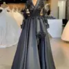 Xu Ni Yisheng Custom Black Formal Evening Dress V-Neck Long Sleeves A-Line Lace Appliques Floor-Length Party Dress Bridal Gown