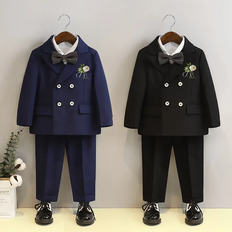 Business Suit for Boys Fashion Double Breasted Black All-match Flower Child Wedding Outfits Kids School Uniform Blazers Set 6 Y