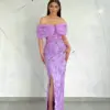 Elegant Lilac Off the Shoulder Long Corset Evening Dresses Formal Occasions Pearls Beaded Sequined Wedding Party Gowns for Women
