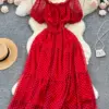Summer Women Red/Green/White Polka Dot Chiffon Long Dress Beach Vacation Sexy Short Puff Sleeve High Waist A-Line Party Robe New