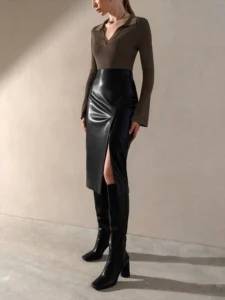 2022 Autumn Winter Women Sexy Midi Leather Skirts Solid Black High Waist Office Pencil Slit Skirt For Women - Image 3