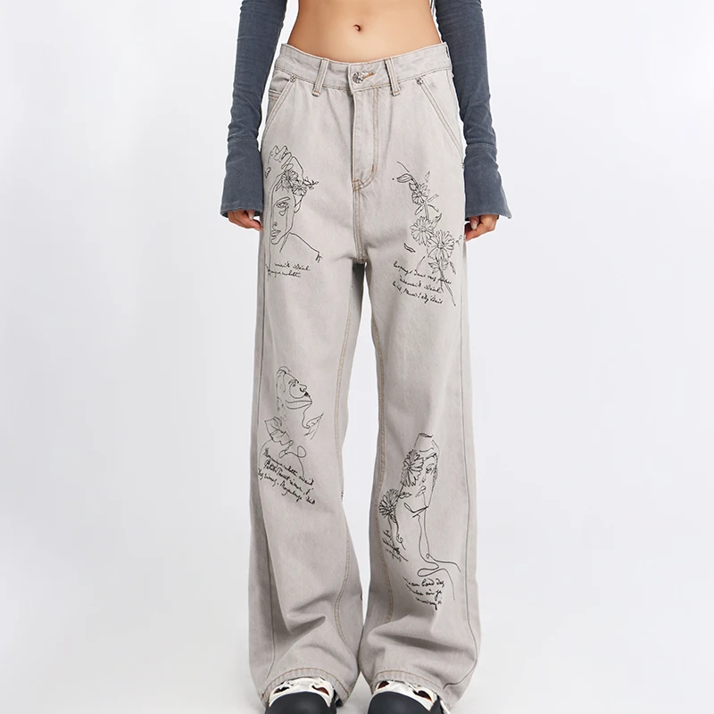 2024 Damei's New Graffiti Micro La Jeans feminino 2024 Spring/Summer Street Design Long Pants for Women plus size fashion