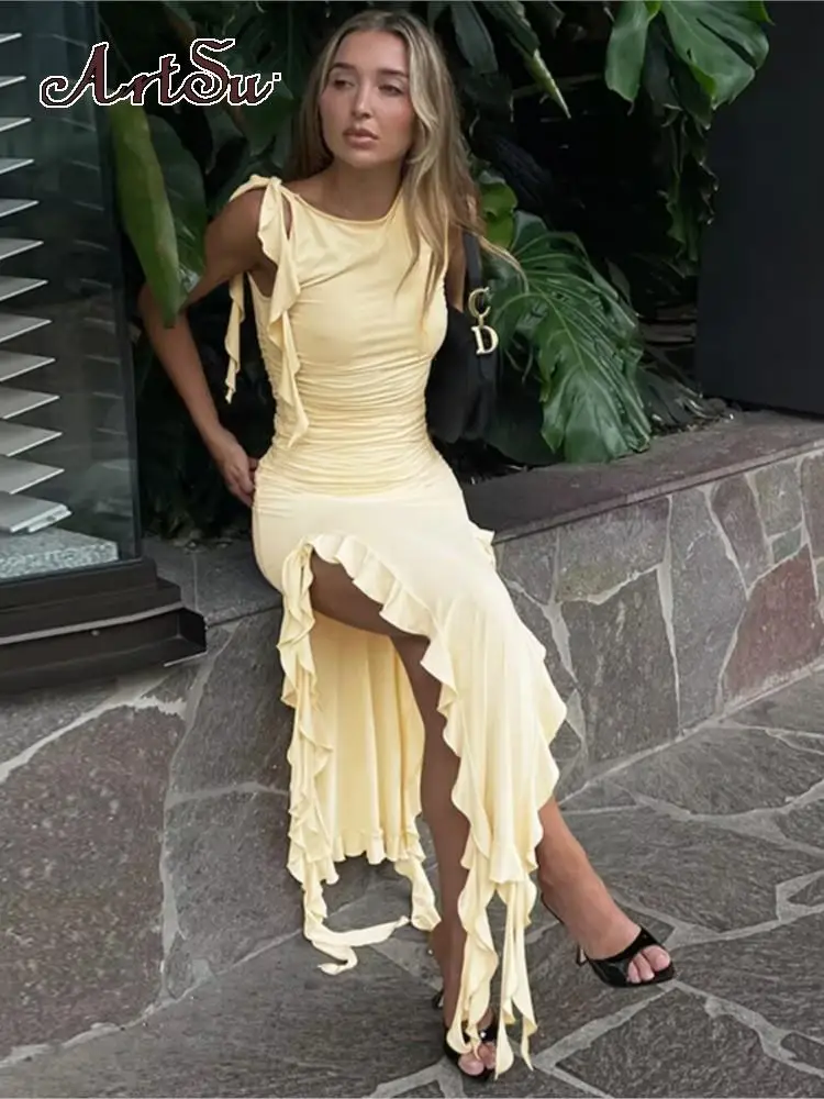 Elegant Solid Sleeveless Ruffles long dress for women Slit Sexy Slim Maxi Dress 2023 Summer Birthday Party Festival Clothes