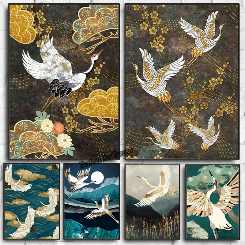 Retro Chinese Style Golden Flying Crane Abstract Sun Animal Posters Prints Bird Canvas Painting Wall Art Picture for Living Room