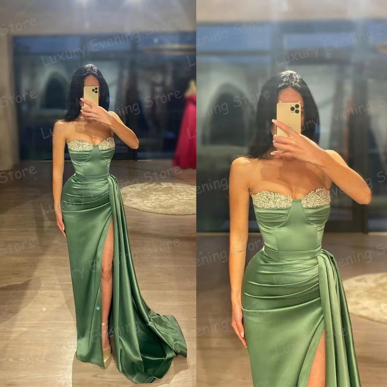 Luxury Formal Green Evening Dresses Mermaid Woman's Side Split Sweetheart Sleeveless Prom Gowns 2024 Elegant Pleat Satin Vestido
