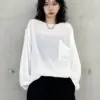 [EAM] Women White Thin Pocket Perspective Big Size T-shirt New Round Neck Long Lantern Sleeve Fashion Spring Autumn 2024