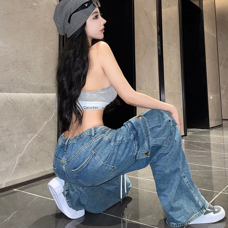 Cargo Jeans Women Streetwear Drawstring Wide Leg Pants Fall New Fashion Big Pockets Straight Trousers Harajuku Y2K Jeans
