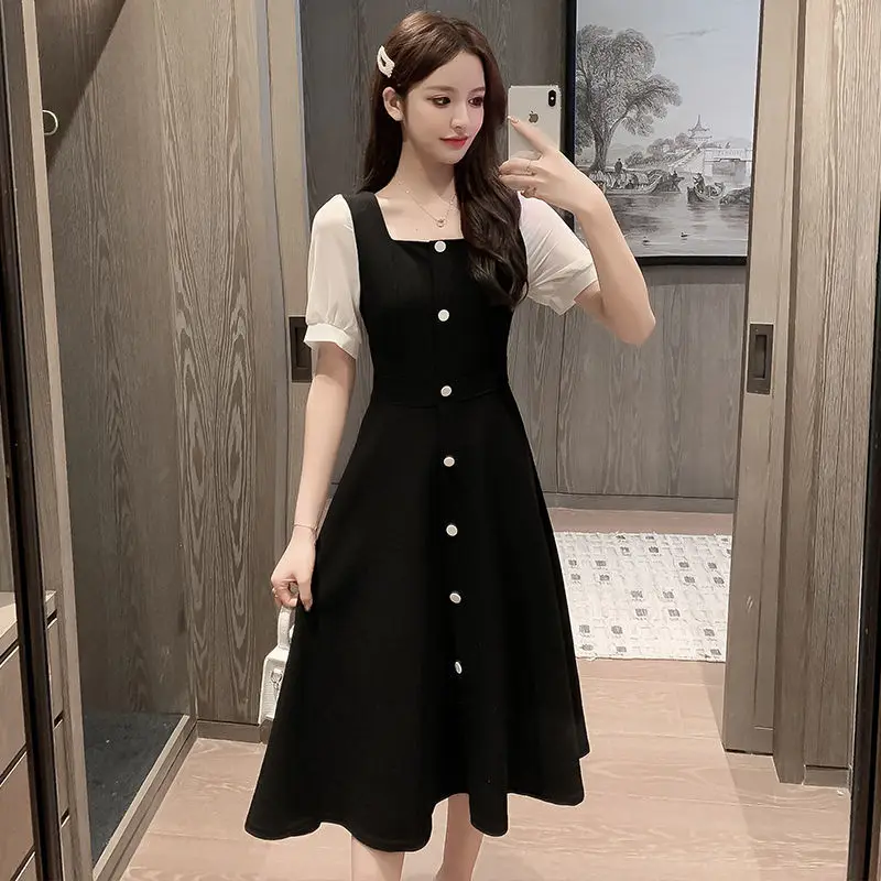 Black Aesthetic Party Summer Light Dress Casual Bag Hip Wrap Vintage Fashion Elegant Women's Dresses Loose Midi Korean Tunics