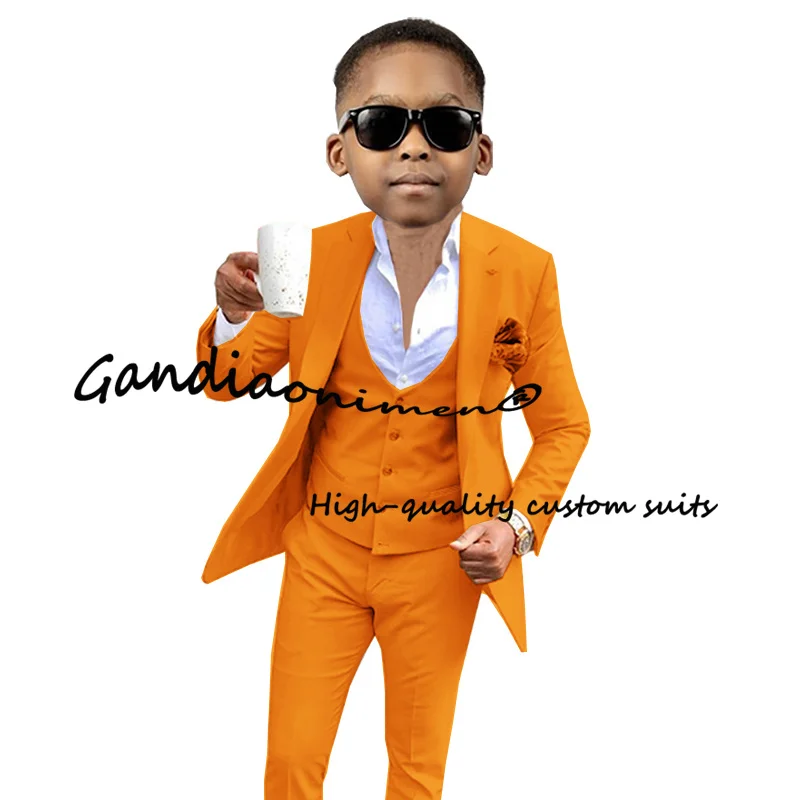 Orange Boys Suits Jacket Vest Pants Three Piece Suits Casual Clothes Wedding Tuxedos for Kids Formal Blazer