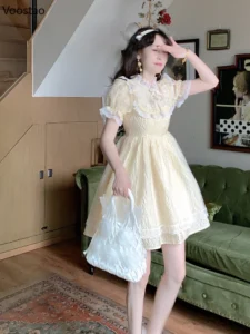 Summer Sweet Lolita Style Princess Dress Women Elegant Chic Puff Sleeve Lace Ruffles Kawaii Mini Dresses Korean Girly Vestidos - Image 3