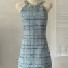 Korean Sweet Tweed Small Fragrance Tweed Dresses For Women 2023 Fashion Luxury Beading Summer Dress Hotsweet Sexy Party Dress