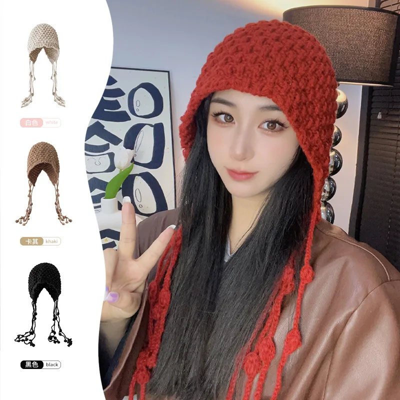 New Autumn Winter Ear Protection Hat Women's Warm Knitting Tassel Baotou Girl Outdoor Leisure Solid Color Retro Student Hat