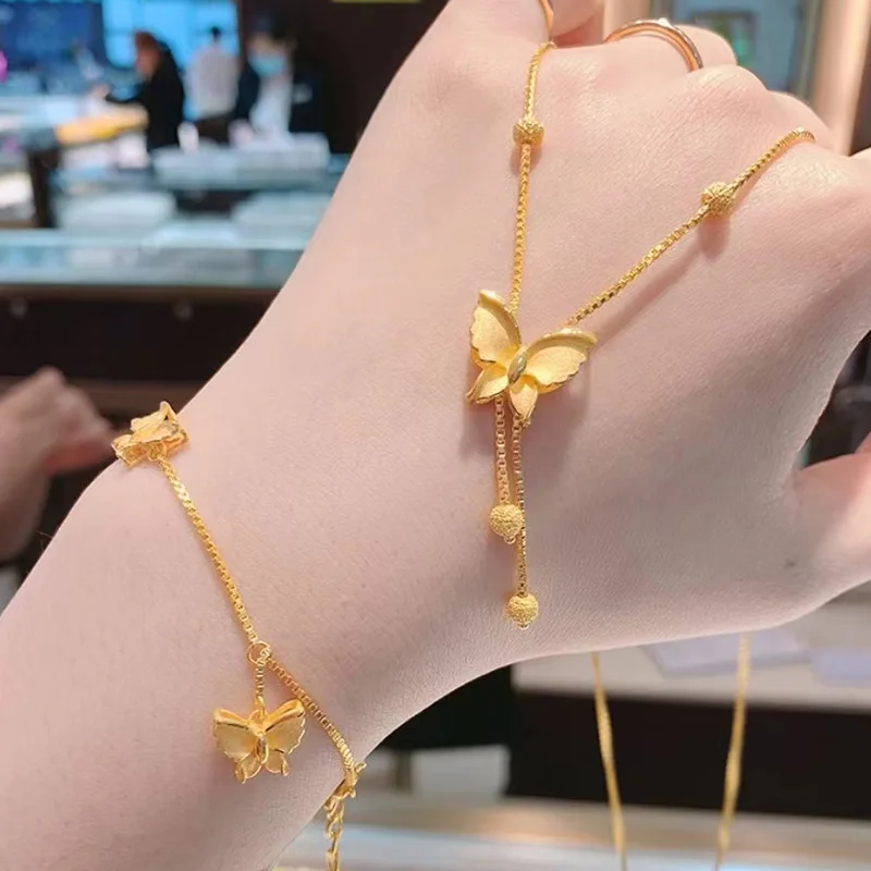 Fashion Real 24k Pure Gold Color Butterfly Pendant Necklace Bracelet for Women Bride 45CM Chains Bracelets Fine Jewelry Set Gift