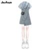 Women's Summer Dress Matching Set 2024 New Fashion Short Top Denim Strap Skirt Two Piece Korean Elegant Short-Sleeve Blouse Suit - Image 5