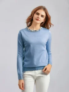 Chic Beaded O-neck Knitted Tshirts Women Spring Casual Slim Knitwear Jumper Tops Korean Long Sleeve Malhas Tee New Thin Sweater - Image 3