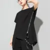 [EAM] Women Black Zipper Irregular Big Size Casual T-shirt New Round Neck Long Sleeve Fashion Tide Spring Autumn 2024