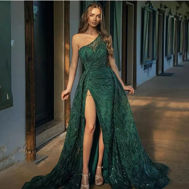 2024 Spring Summer New Women's Solid Color Shoulder Slit Dress Toast Dress Sequin Sling Evening Dress Sexy