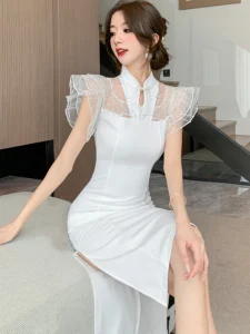 2024 White Patchwork Ruffled Mesh Luxury Dress Women Korean Party Vestidos Spring Summer Elegant Dresses for Official Occasions - Image 2