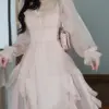 2023 Summer Pink Chiffon Vintage Fairy Dress Women Korean Style Elegant Party Midi Dress Female Court Retro Flare Sleeve Dresses