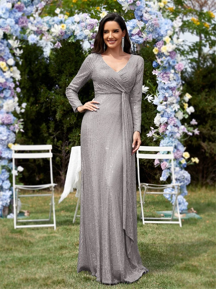 Lucyinlove Elegant Long Sleeve V-Neck Sequin Evening Dresses Long 2024 Luxury Women Party Maxi Dress Gowns Cocktail Dress Prom