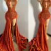 Orange Sheer O Neck Long Prom Dress For Black Girls Beaded Crystal Birthday Party Dresses Sequined Evening Gowns Mermaid High